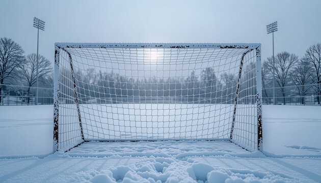 Snowy soccer goal on a winter field under cloudy sky  