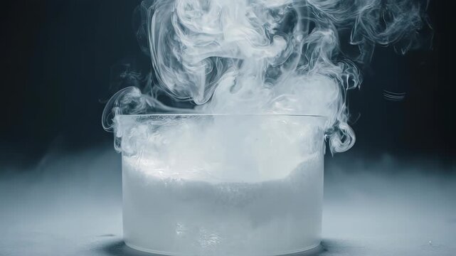 A surreal and beautiful slow-motion shot of liquid nitrogen being poured. Thick, heavy clouds of white vapor billow and cascade in a stunning display.