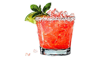 Colorful, artful cocktail with salt rim, lime slice, mint sprig, and ice cubes, black background