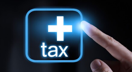 Obraz premium A finger presses a digital button with a bright plus sign and the word tax, illuminating the concept of financial operations, investment. ..Created with Generative AI, not depicting real subjects.