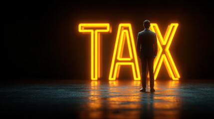 Person stands front of glowing neon sign that reads TAX against dark background, evoking sense of contemplation about financial matters