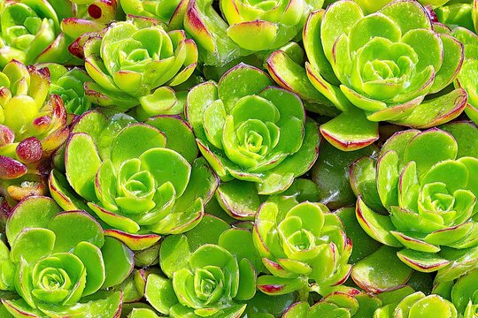 Succulent rosettes with bright green leaves and pink edging