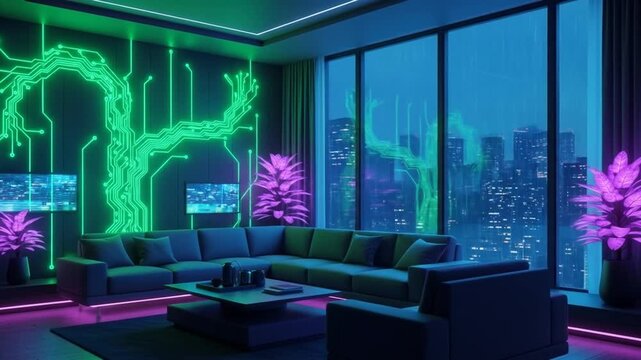Modern interior design with neon technology tree and city view