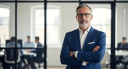 Confident mature businessman with arms crossed in modern office setting