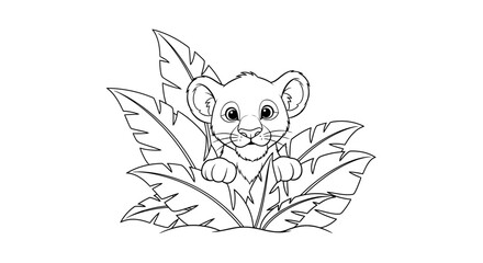 Obraz premium Curious Lion Cub Peeking Out From Behind Large Jungle Leaves Safari Coloring Sheet