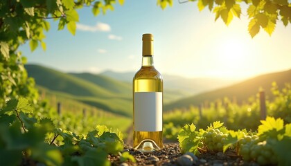 Fototapeta premium Bottle of white wine stands in vineyard, sunlight. Green vines, grapes surround. Wine bottle mockup against countryside landscape. Concept for wine production, tasting, eco agriculture, organic