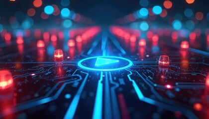 Futuristic design featuring a play button on a circuit board glowing with blue and red lights. Tech concept with bokeh lights and digital concept.