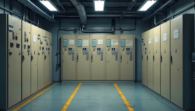 Rows of electrical control panels fill industrial tech room. Cabinets feature buttons, switches, displays for power distribution. Yellow lines mark clean floor. Modern network infrastructure for data