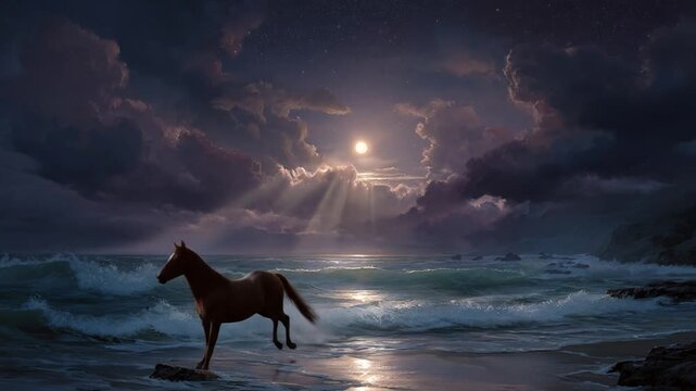 Horse running in sea with bright sun and clouds at dusk