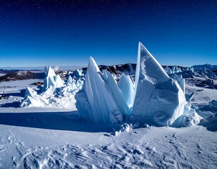Frozen landscape with striking, angular ice formations under starry night sky