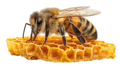 A macro shot featuring a honeybee resting on honeycomb against a black background, wings spread