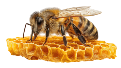 A macro shot featuring a honeybee resting on honeycomb against a black background, wings spread