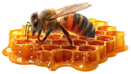 Detailed close-up of a honeybee on a golden honeycomb, with liquid honey visible