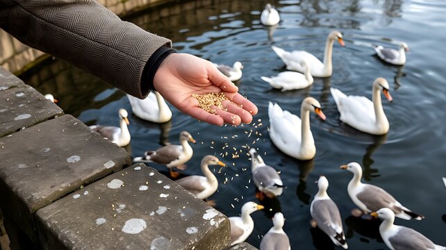 Person feeding swans and ducks in pond at park
