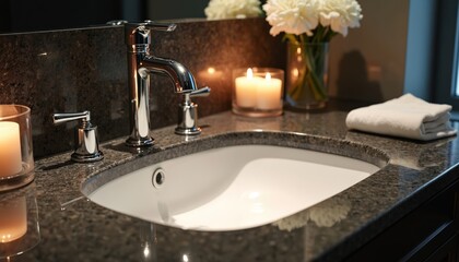 Fototapeta premium Modern bath interior with white sink on black granite top. Chrome faucet, flowers vase decorates apartment. Candles create cozy atmosphere. Design for hygiene, comfort and luxury living.