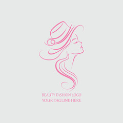 Elegant Beauty Fashion Logo with Woman in Hat and Flowing Hair Line Art