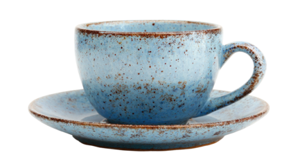 Ceramic teacup and saucer set in a speckled blue glaze, with a curved handle and wide base