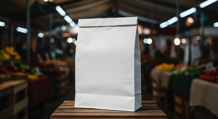 Blank white folded paper bag mockup on a wooden crate in a bustling market setting, food packaging.