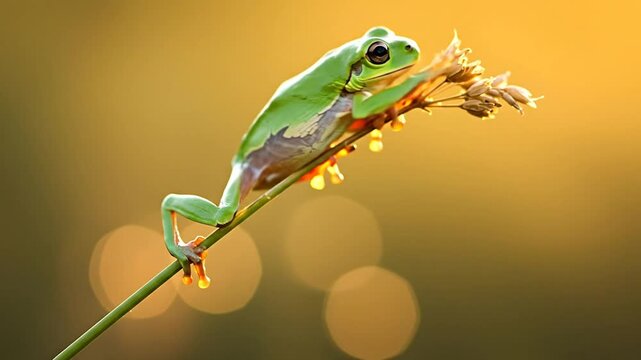 Green frog perched on plant stem against warm background