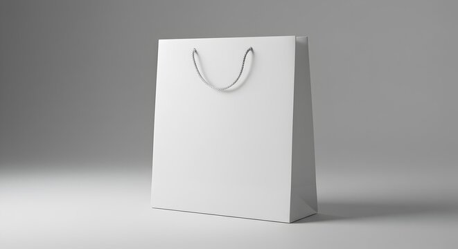 Blank white paper shopping bag mockup with rope handles on a seamless light grey studio background.