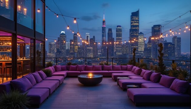 Rooftop lounge at night overlooking city skyline with purple sofas and string lights. Modern bar area offers cocktails. Upscale ambiance for socialising and relaxing.