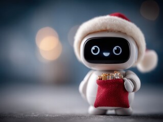 Cute ai robot in santa hat holding gift bag. Digital assistant for christmas and holiday season. Innovative technology for winter celebration.