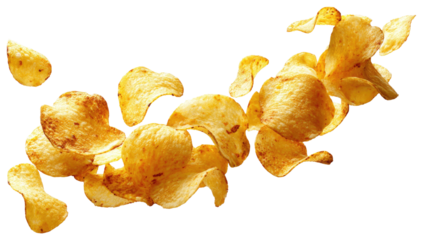 Golden, wavy-edged crisps, seemingly suspended against a dark background, appearing ready to eat