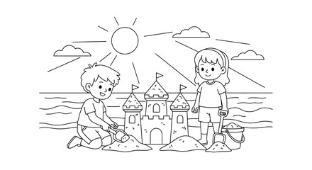 Children Building a Grand Sandcastle on a Sunny Beach During Summer Vacation