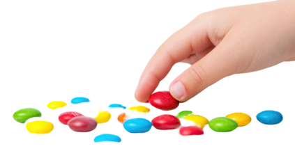 A child's hand picking up a red, candy-coated chocolate from a colorful pile