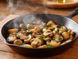 Fototapeta premium Steaming brown mushroom slices frying in a black cast iron skillet. Healthy and delicious home cooked vegetarian food concept for cookbook cover.