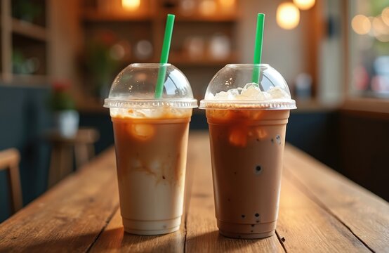 Two iced drinks in plastic cups are on wooden table. Iced coffee latte and mocha with straws in cafe. Refreshing cold beverage for summer mood. Sweet milky flavour in togo cup.