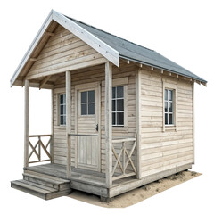 A small, lightcolored wooden cabin with a porch and windows, isolated on transparent background