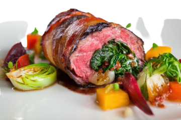 A beautifully plated, bacon-wrapped entree with a spinach and meat filling, served with roasted vegetables