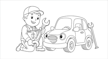 Commercially Viable Coloring Page Mechanic Fixing a Car's Tire Professions