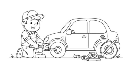 Commercially Viable Coloring Page Mechanic Fixing a Car's Tire for Kids