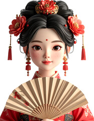 Chinese doll with fan and flower headdress