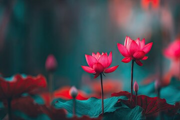 Pink lotus blossoms in a dreamy, blurred, teal-hued landscape