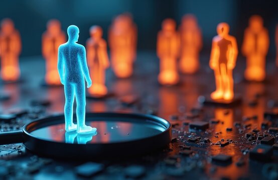 Blue digital human figure examined with magnifying glass on circuit board. Orange figures blurred behind. Concept of ai human resources talent search, digital identity, and tech analysis.