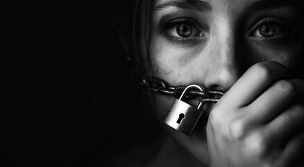An Intimate portrait captures the somber face of a young woman whose mouth is bound shut by a chain and padlock. ..Created with Generative AI, not depicting real subjects.