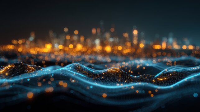 Digital Cityscape with Wave Pattern, Abstract Data Visualization Technology