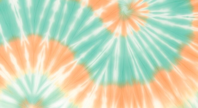 Abstract tie dye spiral pattern in orange and teal colors, vibrant and retro aesthetic for commercial usage