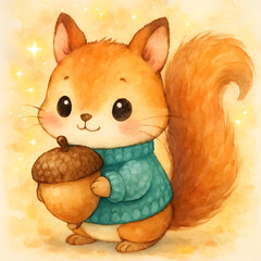 Squirrel in a sweater holding a precious acorn in the forest