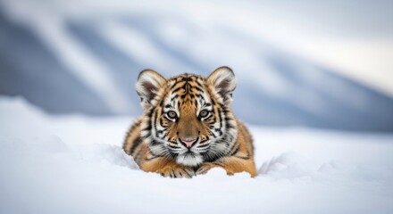 Tiger cub lying in the snow with blurred snowy mountain background