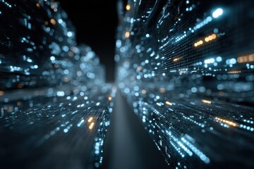 Digital Data Stream Cityscape View with Information Technology Processing Lights