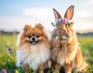 Obraz premium Pomeranian dog and rabbit with flower crown sitting together in spring meadow