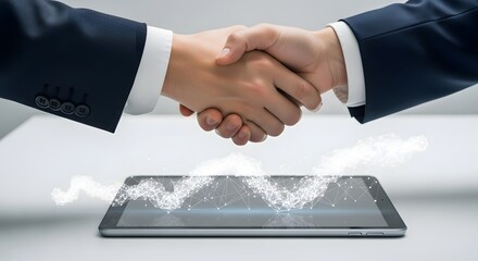 Professional handshake sealing a digital deal over a futuristic tablet displaying abstract network connections, symbolizing partnership and innovation success