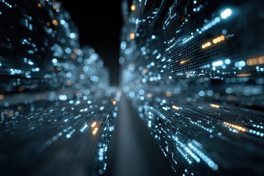 Digital Data Stream Cityscape View with Information Technology Processing Lights