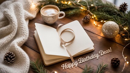 Open notebook with coffee and birthday decoration on wooden table with warm lights
