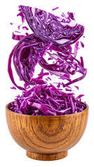 Fototapeta premium Floating Purple Cabbage Slices Above a Wooden Bowl Filled with Shredded Cabbage on a Transparent Background