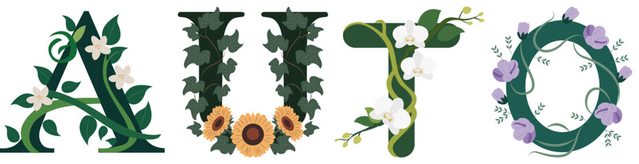 AUTO, Floral Alphabet Art Vector Design